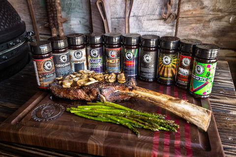 10 Bearded Butcher Blend Seasoning Shakers by Tomahawk Steak with Mushrooms and Asparagus