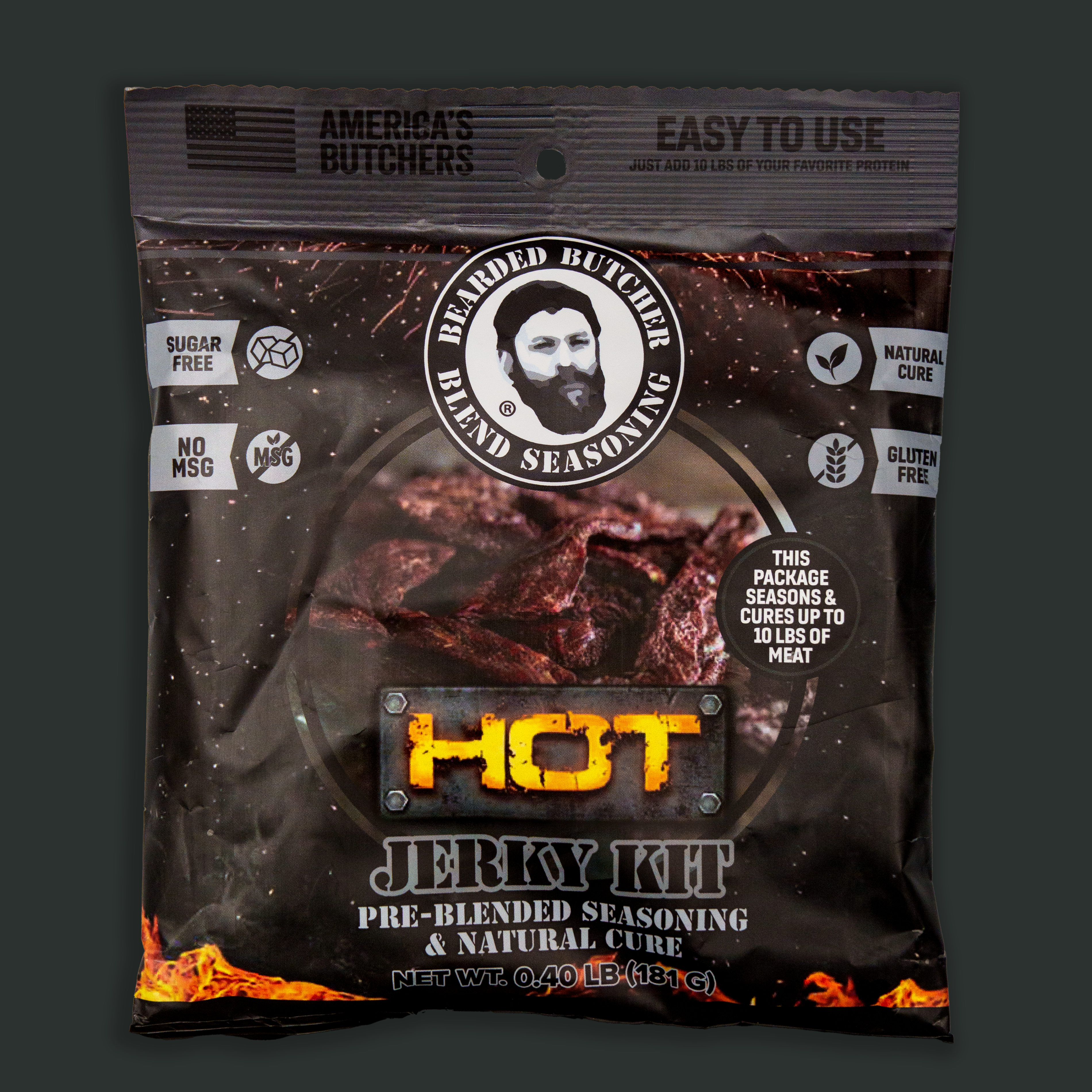 Bearded Butcher Hot Jerky Seasoning & Natural Cure Kit for 10 lbs