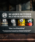 4 Pack of Bearded Butcher Blend Seasoning Shakers on Cutting Board