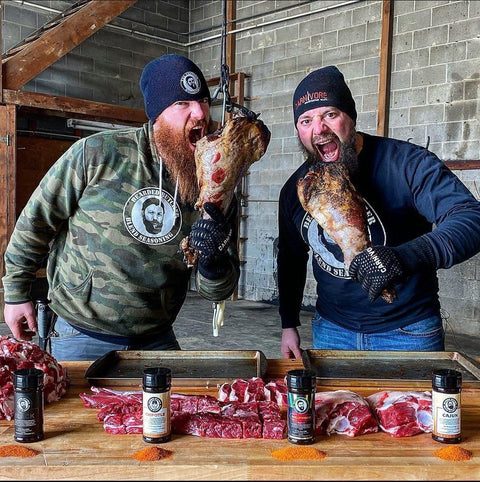 Bearded Butcher Beanies on Scott and Seth with Goat Meat and Seasoning Shakers