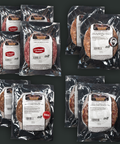 Various Packaged ground beef patties on a dark background