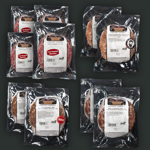 Various Packaged ground beef patties on a dark background