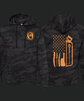 Bearded Butcher Pullover hoodie in black camo with neon orange tools of trade on back and neon orange logo on front.