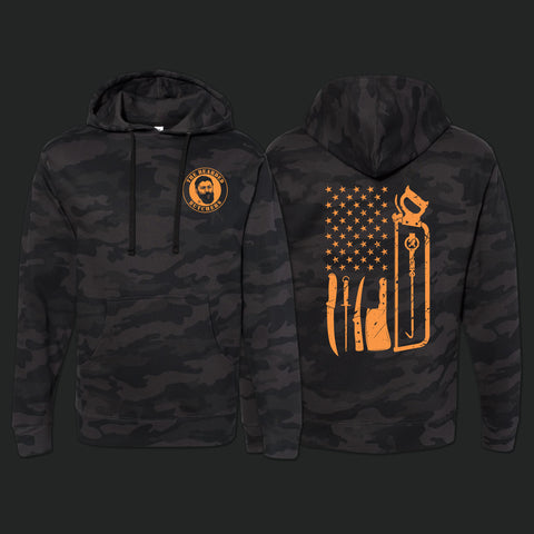 Bearded Butcher Pullover hoodie in black camo with neon orange tools of trade on back and neon orange logo on front.