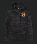 Front of Bearded Butcher Pullover hoodie in black camo with neon orange logo on front.