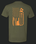 Back of Bearded Butcher hunter green T-Shirt with tools of trade in neon orange.