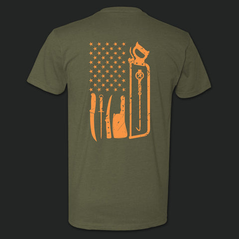 Back of Bearded Butcher hunter green T-Shirt with tools of trade in neon orange.
