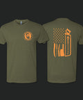 Bearded Butcher hunter green T-Shirt with bearded butcher logo on front in neon green and tools of trade in neon orange on back.