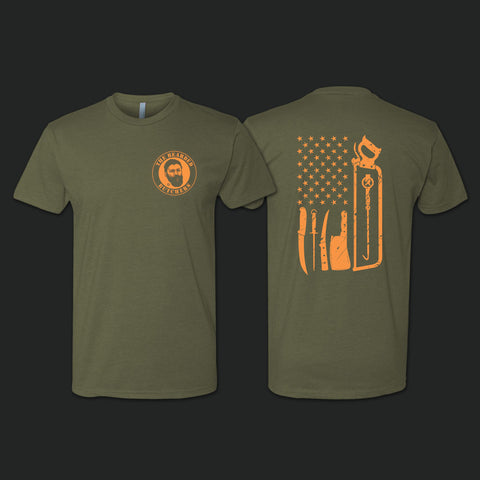 Hunter Green Bearded Butcher T-Shirt with neon orange logo on front and tools of trade on back.