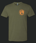 Front of Bearded Butcher hunter green T-Shirt with bearded butcher logo in neon orange.