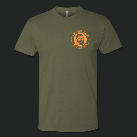Front of Bearded Butcher hunter green T-Shirt with bearded butcher logo in neon orange.