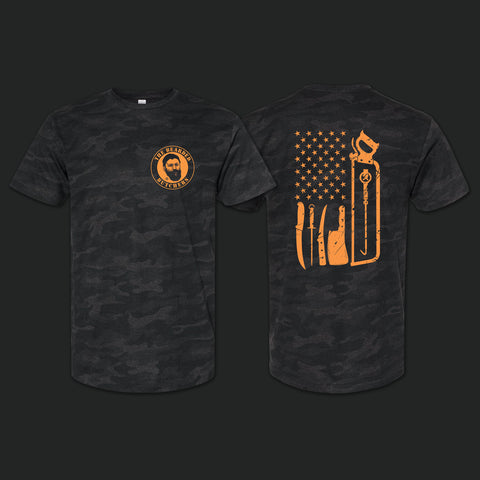  Bearded Butcher Black camo T-Shirt with logo on front and tools of trade in neon orange on back.