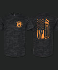 Bearded Butcher T-Shirt in black camo with neon orange logo on front and neon orange tools of trade on back.