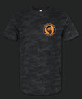 Front of Bearded Butcher Black camo T-Shirt with Bearded Butcher logo in neon orange.