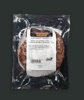 Packaged beef jalapeno cheddar burger in clear plastic packaging with a label.