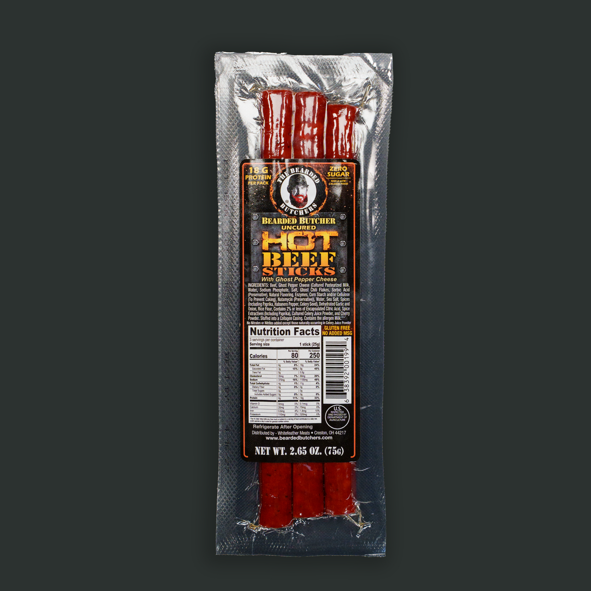 ケ*ウ様 Butcher ProductS Bearded Butcher Hot Beef Sticks with Ghost Pepper Cheese 2.65oz
