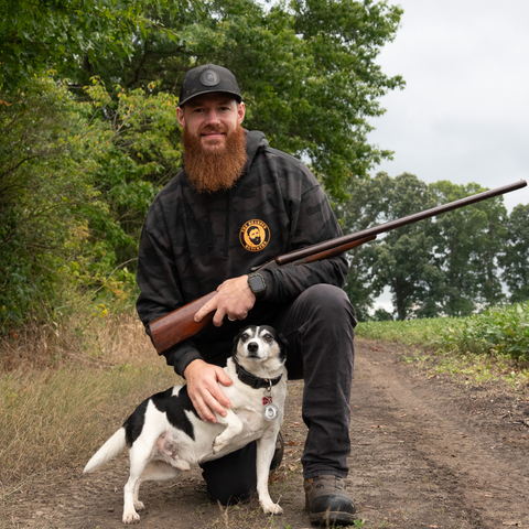 Bearded Butcher wearing new apparel and his Dog Charlie