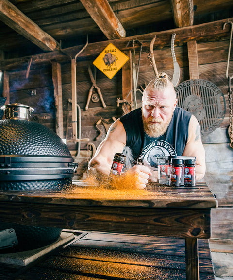 Brock Lesnar Pounding Grill Table with Brock Lesnar Bearded Butcher Blend Seasoning Shakers