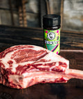 Zesty Lime Bearded Butcher Blend Seasoning by Tomahawk Steak on Cutting Board