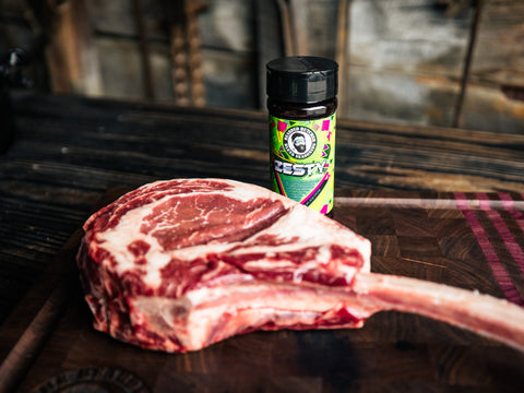 Zesty Lime Bearded Butcher Blend Seasoning by Tomahawk Steak on Cutting Board