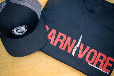 Carnivore T-Shirts on Table with Bearded Butcher Blend Seasoning Hat