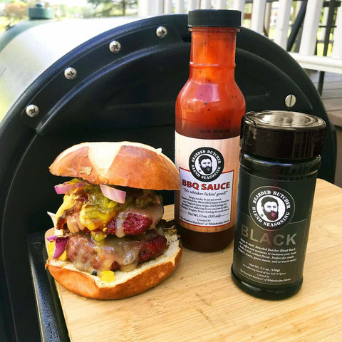 Bearded Butcher Blend Seasoning Black with BBQ Sauce and Burger
