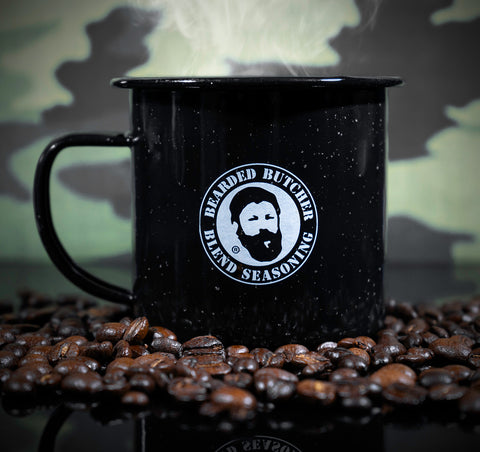 Bearded Butcher Metal Coffee Cup on Coffee Beans - Bearded Butcher Blend Seasoning
