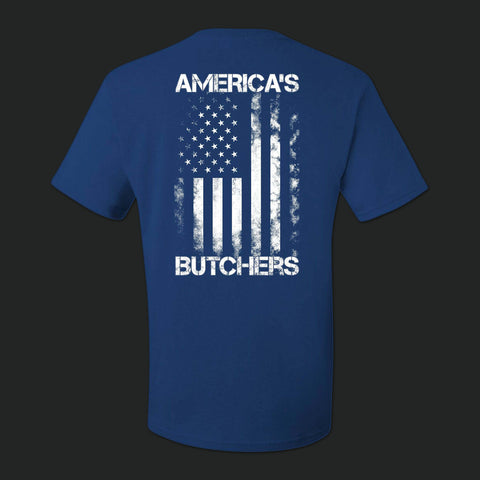 America's Butchers Flag Logo T-Shirts - Bearded Butcher Blend Seasoning - Blue - Back
