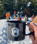 Bearded Butcher Metal Coffee Cup in Front of Snowy Campsite